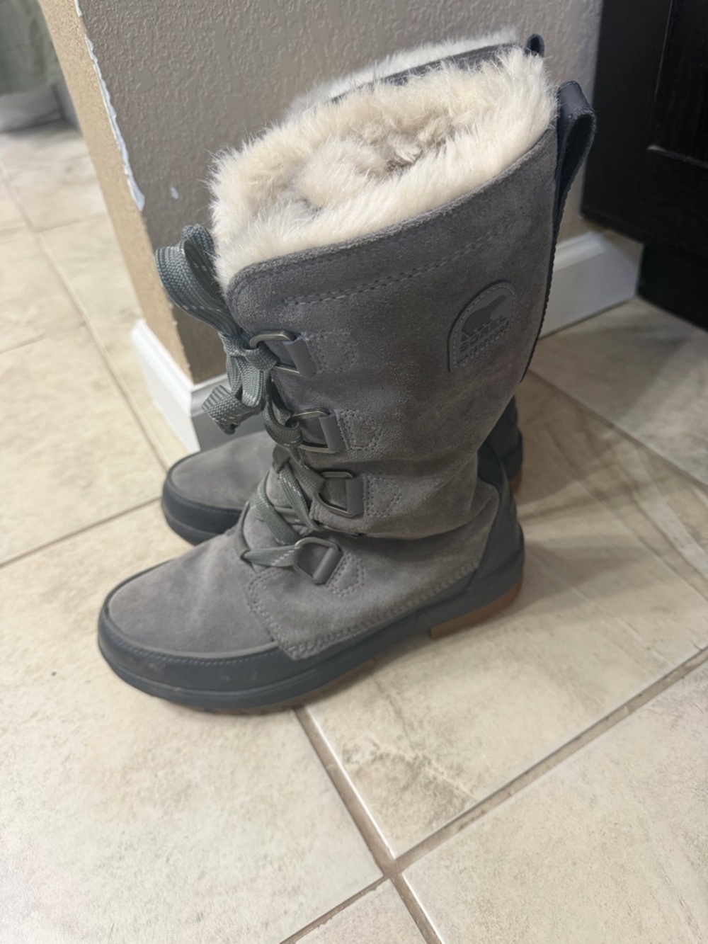 Sorel Grey Suede Tall Fur-Trim Lace-Up Winter Boots